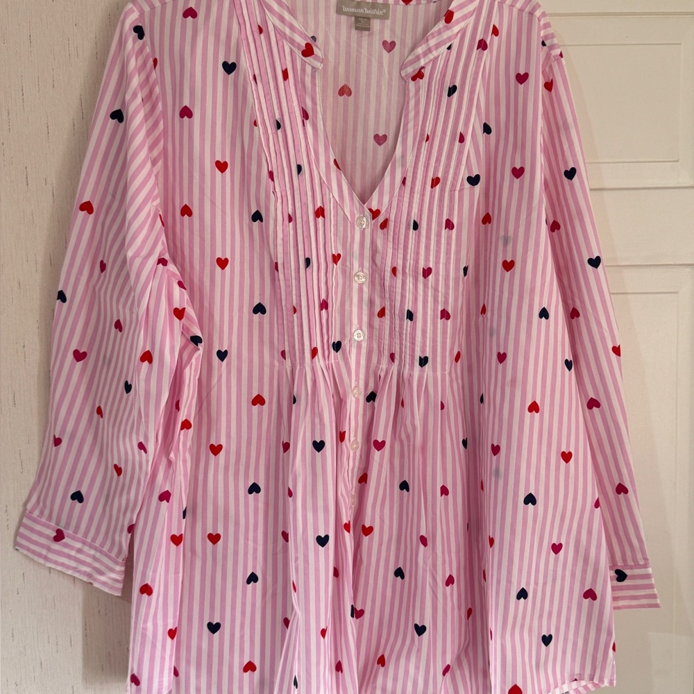 Woman Within Pink Heart Striped Cotton Poplin Long Sleeve  Blouse Size 3X 30 32